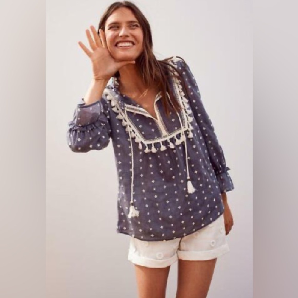 Anthropologie Maeve Sawyer Peasant Tassel Fringe Top SZ M